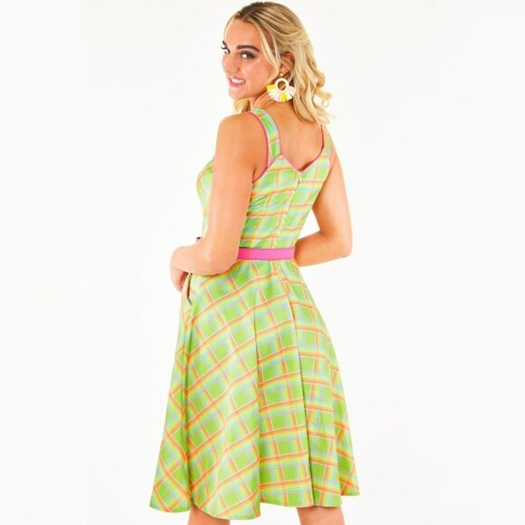 Voodoo Vixen Rainbow Checked Flare Dress Green Size M NWT - Picture 13 of 13